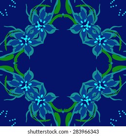 Circular  seamless pattern of floral garland, leaves, stamens, ellipses, copy space. Hand drawn.