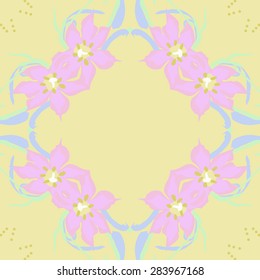 Circular  seamless pattern of floral garland, leaves, stamens, ellipses, copy space. Hand drawn.