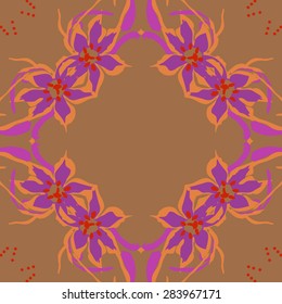 Circular  seamless pattern of floral garland, leaves, stamens, ellipses, copy space. Hand drawn.