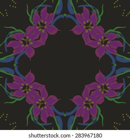 Circular  seamless pattern of floral garland, leaves, stamens, ellipses, copy space. Hand drawn.