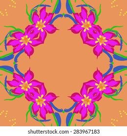 Circular  seamless pattern of floral garland, leaves, stamens, ellipses, copy space. Hand drawn.