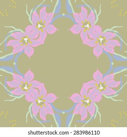 Circular  seamless pattern of floral garland, leaves, stamens, ellipses, copy space. Hand drawn.