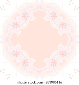 Circular  seamless pattern of floral garland, leaves, stamens, ellipses, copy space. Hand drawn.
