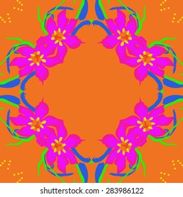 Circular  seamless pattern of floral garland, leaves, stamens, ellipses, copy space. Hand drawn.