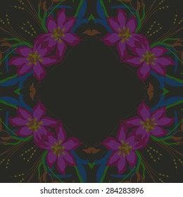Circular  seamless pattern of  floral garland, flowers, branches, stamens, copy space. Hand drawn.