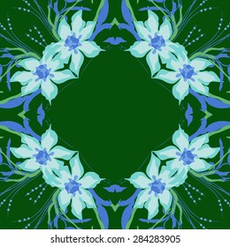 Circular  seamless pattern of  floral garland, flowers, branches, stamens, copy space. Hand drawn.