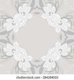 Circular  seamless pattern of  floral garland, flowers, branches, stamens, copy space. Hand drawn.