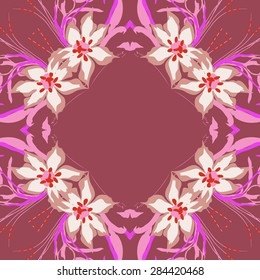 Circular  seamless pattern of  floral garland, flowers, branches, stamens, copy space. Hand drawn.