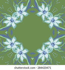 Circular  seamless pattern of  floral garland, flowers, branches, stamens, copy space. Hand drawn.