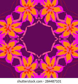 Circular  seamless pattern of  floral garland, flowers, branches, stamens,leaves, copy space. Hand drawn.