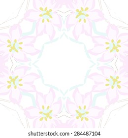 Circular  seamless pattern of  floral garland, flowers, branches, stamens,leaves, copy space. Hand drawn.