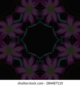 Circular  seamless pattern of  floral garland, flowers, branches, stamens,leaves, copy space. Hand drawn.