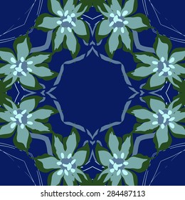 Circular  seamless pattern of  floral garland, flowers, branches, stamens,leaves, copy space. Hand drawn.