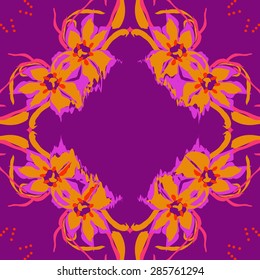 Circular  seamless pattern of  floral garland, flowers, spots, stamens, wave, copy space. Hand drawn.
