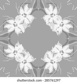 Circular  seamless pattern of  floral garland, flowers, spots, stamens, wave, copy space. Hand drawn.