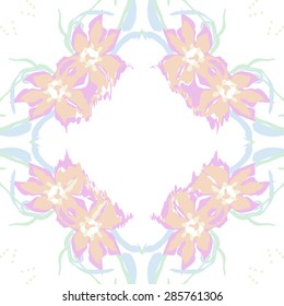 Circular  seamless pattern of  floral garland, flowers, spots, stamens, wave, copy space. Hand drawn.