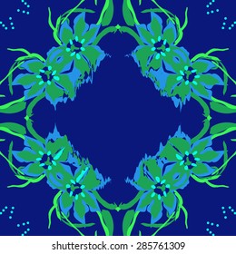 Circular  seamless pattern of  floral garland, flowers, spots, stamens, wave, copy space. Hand drawn.