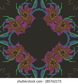 Circular  seamless pattern of  floral garland, flowers, spots, stamens, wave, copy space. Hand drawn.