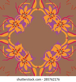 Circular  seamless pattern of  floral garland, flowers, spots, stamens, wave, copy space. Hand drawn.