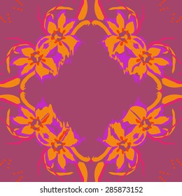 Circular  seamless pattern of  floral garland, flowers, spots, stamens, wave, copy space. Hand drawn.