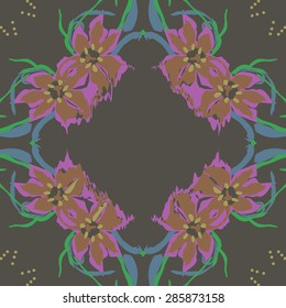 Circular  seamless pattern of  floral garland, flowers, spots, stamens, wave, copy space. Hand drawn.