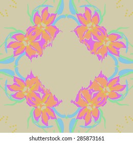 Circular  seamless pattern of  floral garland, flowers, spots, stamens, wave, copy space. Hand drawn.