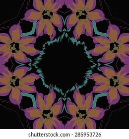 Circular  seamless pattern of  floral garland, flowers, spots, stamens, pistils,wave, copy space. Hand drawn.
