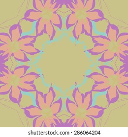 Circular  seamless pattern of  floral garland, flowers, spots, stamens, pistils,wave, copy space. Hand drawn.