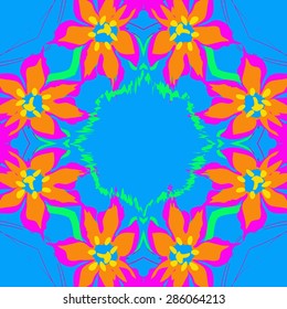 Circular  seamless pattern of  floral garland, flowers, spots, stamens, pistils,wave, copy space. Hand drawn.