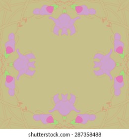 Circular  seamless pattern of floral garland, flowers, branches, wave, copy space. Hand drawn.