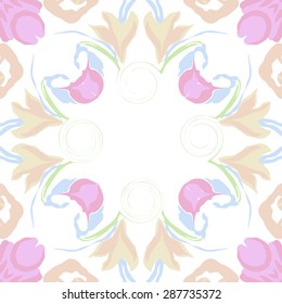 Circular  seamless pattern of  floral garland, leaves, spots,spirals, flowers, copy space. Hand drawn.