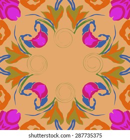 Circular  seamless pattern of  floral garland, leaves, spots,spirals, flowers, copy space. Hand drawn.