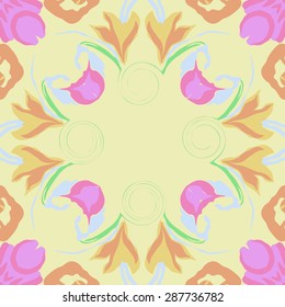 Circular  seamless pattern of  floral garland, leaves, spots,spirals, flowers, copy space. Hand drawn.