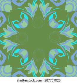 Circular  seamless pattern of  floral garland, leaves, spots,spirals, flowers, copy space. Hand drawn.