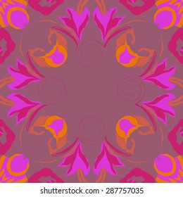 Circular  seamless pattern of  floral garland, leaves, spots,spirals, flowers, copy space. Hand drawn.