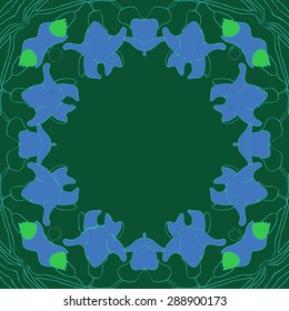 Circular seamless pattern of floral garland, spirals, hole, branches, flowers,copy space. Hand drawn.