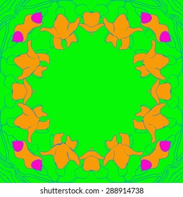 Circular seamless pattern of floral garland, spirals, hole, branches, flowers,copy space. Hand drawn.