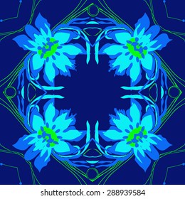 Circular seamless pattern of floral garland, flowers, leaves, waves, spirals, hole, copy space. Hand drawn.
