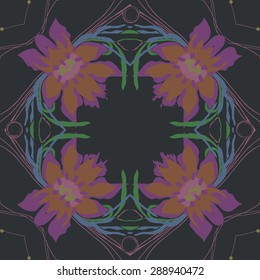 Circular seamless pattern of floral garland, flowers, leaves, waves, spirals, hole, copy space. Hand drawn.