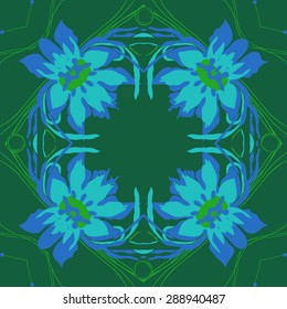 Circular seamless pattern of floral garland, flowers, leaves, waves, spirals, hole, copy space. Hand drawn.