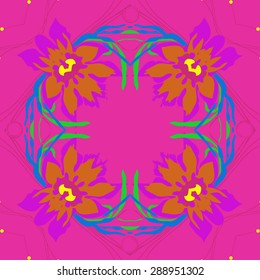 Circular seamless pattern of floral garland, flowers, leaves, waves, spirals, hole, copy space. Hand drawn.