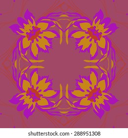 Circular seamless pattern of floral garland, flowers, leaves, waves, spirals, hole, copy space. Hand drawn.