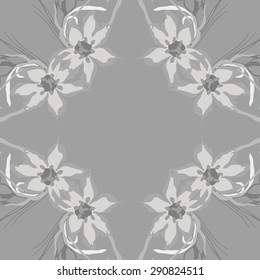Circular seamless pattern of  floral garland, flowers, leaves, branches, waves, copy space. Hand drawn.