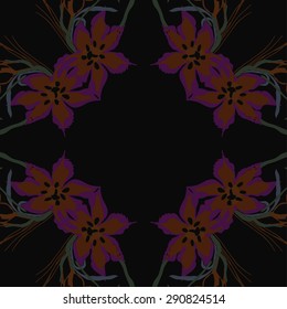 Circular seamless pattern of  floral garland, flowers, leaves, branches, waves, copy space. Hand drawn.