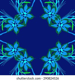 Circular seamless pattern of  floral garland, flowers, leaves, branches, waves, copy space. Hand drawn.