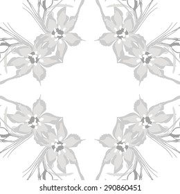 Circular seamless pattern of  floral garland, flowers, leaves, branches, waves, copy space. Hand drawn.