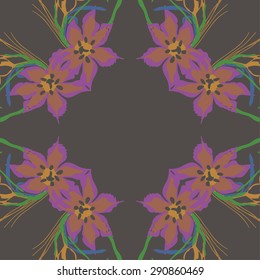 Circular seamless pattern of  floral garland, flowers, leaves, branches, waves, copy space. Hand drawn.