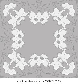 Circular seamless pattern of floral garland,, stylized flowers, branches,stripes, hole, copy space. Hand drawn.