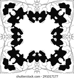 Circular seamless pattern of floral garland,, stylized flowers, branches,stripes, hole, copy space. Hand drawn.