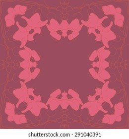 Circular seamless pattern of floral garland,, stylized flowers, branches,stripes, hole, copy space. Hand drawn.